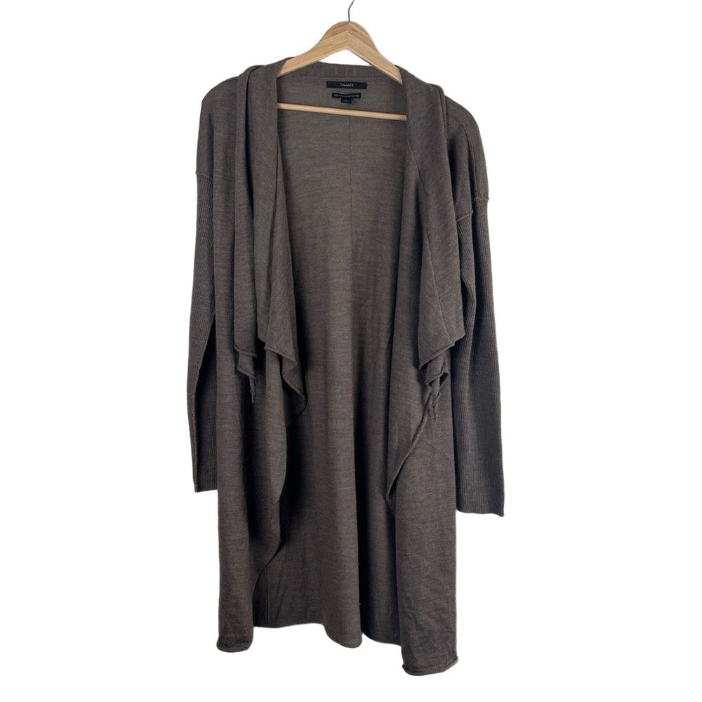 Tahari Cardigan Size Medium Brown Open Front Merino Wool Minimalist‎ Long Line